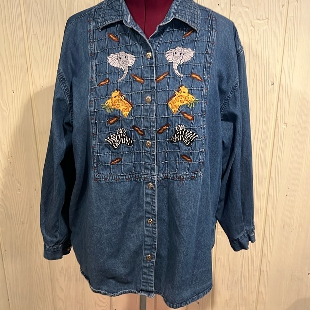 Sara Studio Denim Shirt Animals Applique Long Sleeve 1X